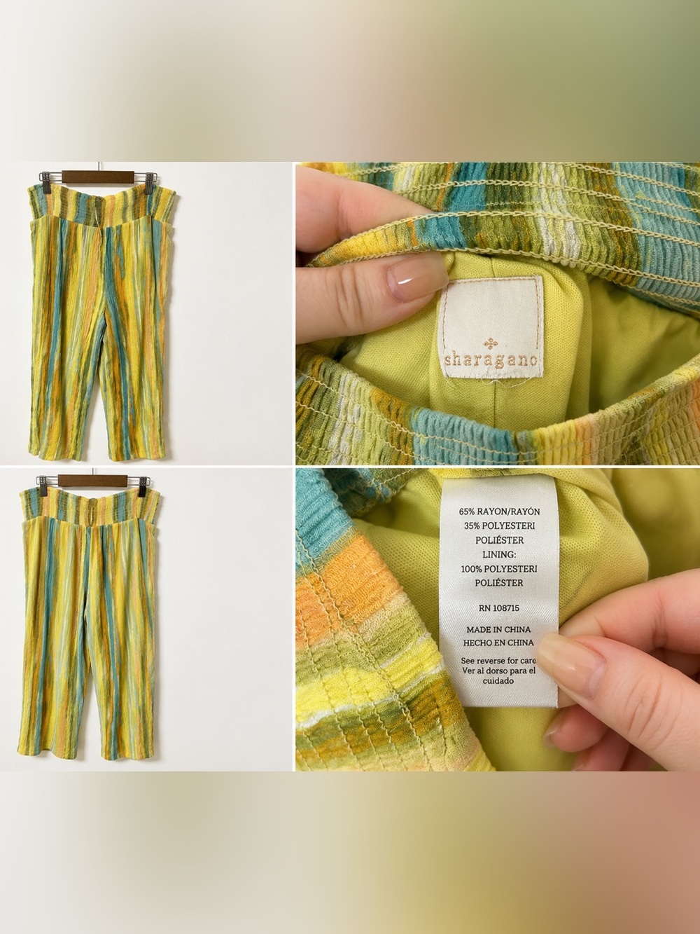 Sharagano Yellow and Teal Striped Wide-Leg Pull-On Pants